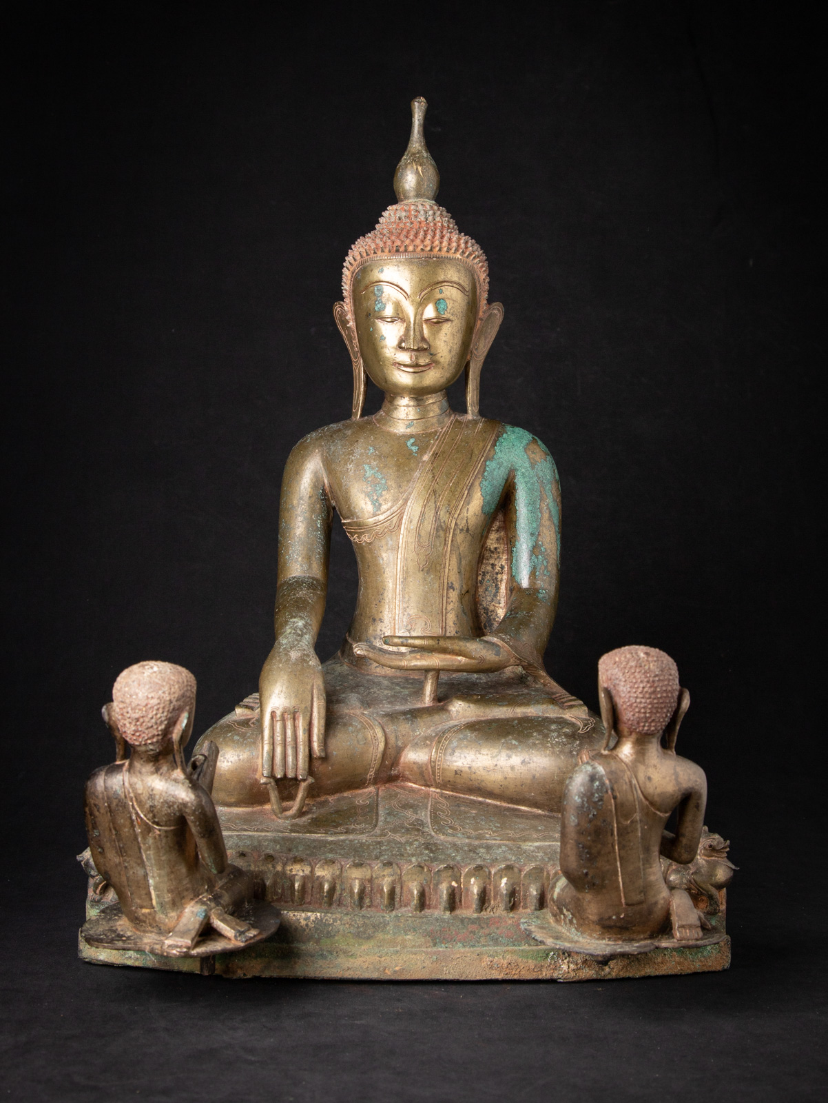 Special bronze Burmese Buddha statue with two monks from Burma, 1617th